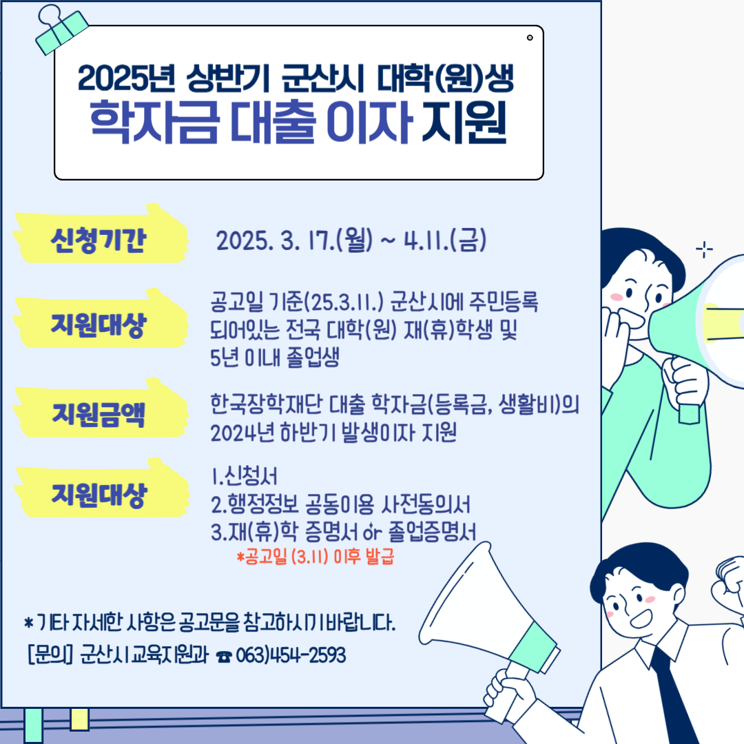 2025년 상반기 군산시 대학(원)생 학자금 대출 이자지원 / 신청기간 : 2025. 3. 17.(월) ~ 4.11.(금) / 지원대상 : 공고일 기준(25.3.11.) 군산시에 주민등록 되어있는 전국 대학(원) 재(휴)학생 및 5년 이내 졸업생 / 지원금액 : 한국장학재단 대출 학자금(등록금, 생활비)의 2024년 하반기 발생이자 지원 / 지원대상 : 1.신청서 2.행정정보 공동이용 사전동의서 3.재(휴)학 증명서 or 졸업증명서 *공고일 (3.11) 이후 발급 / *기타 자세한 사항은 공고문을 참고하시기 바랍니다. / [문의] 군산시교육지원과 063)454-2593