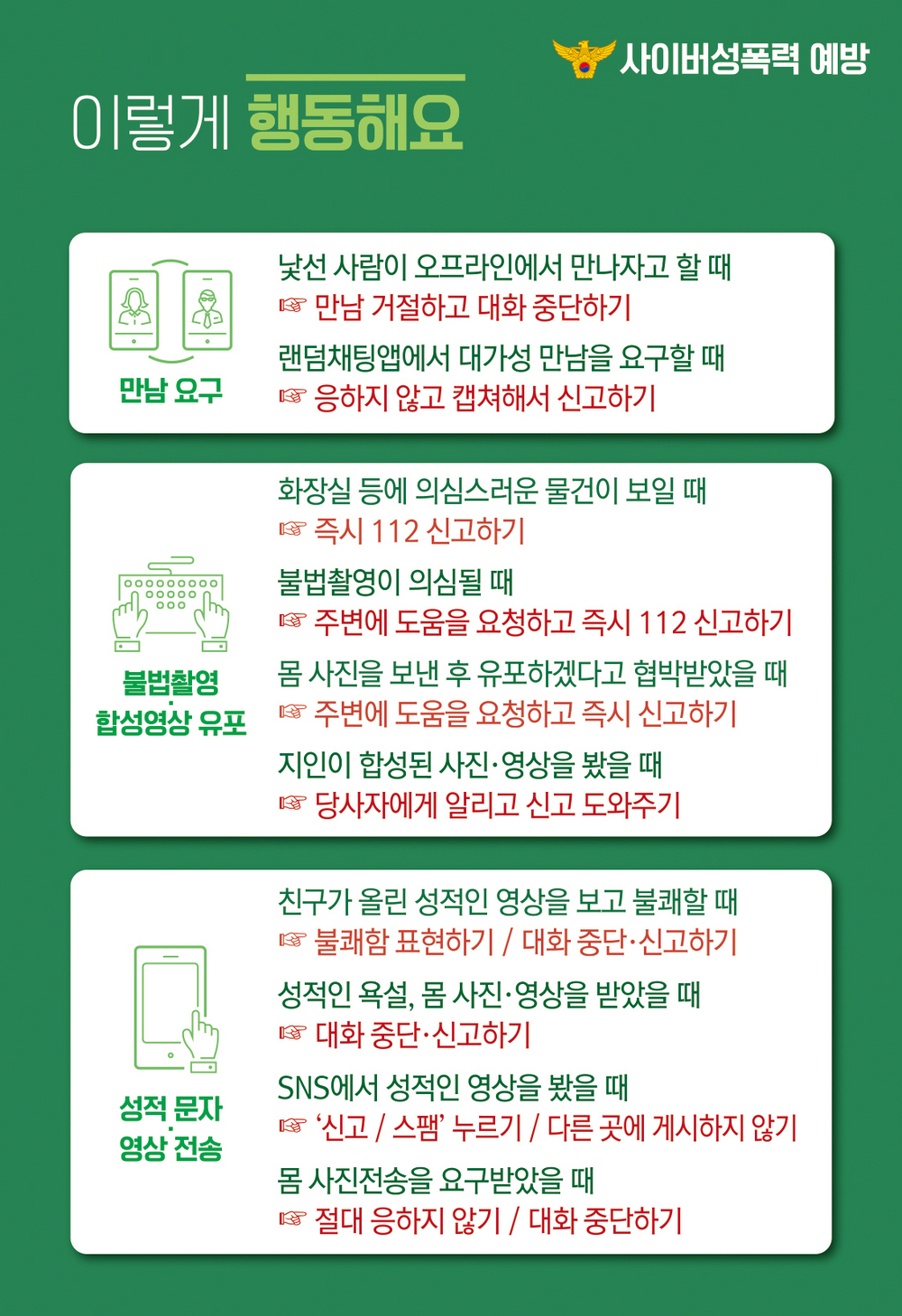 3. 이렇게 행동해요 (낯선 사람이 오프라인에서 만나자고 할 때 만남 거절하고 대화 중단하기 / 랜덤채팅앱에서 대가성 만남을 요구할 때 응하지 않고 캡쳐해서 신고하기 /  화장실 등에 의심스러운 물건이 보일 때 즉시 112 신고하기 / 불법촬영이 의심될 때 주변에 도움을 요청하고 즉시 112 신고하기 / 몸 사진을 보낸 후 유포하겠다고 협박을 받았을 때 주변에 도움을 요청하고 즉시 신고하기 / 지인이 합성된 사진, 영상을 봤을 때 당사자에게 알리고 신고 도와주기 / 친구가 올린 성적인 영상을 보고 불쾌할 때 불쾌감 표현하기, 대화중단,신고하기 / 성적인 욕설, 몸 사진, 영상을 받았을 때 대화중단, 신고하기 / SNS에서 성적인 영상을 봤을 때 신고, 스팸 누르기, 다른 곳에 게시하지 않기 / 몸 사진전송 요구받았을 때 절대 응하지 않기, 대화 중단하기)