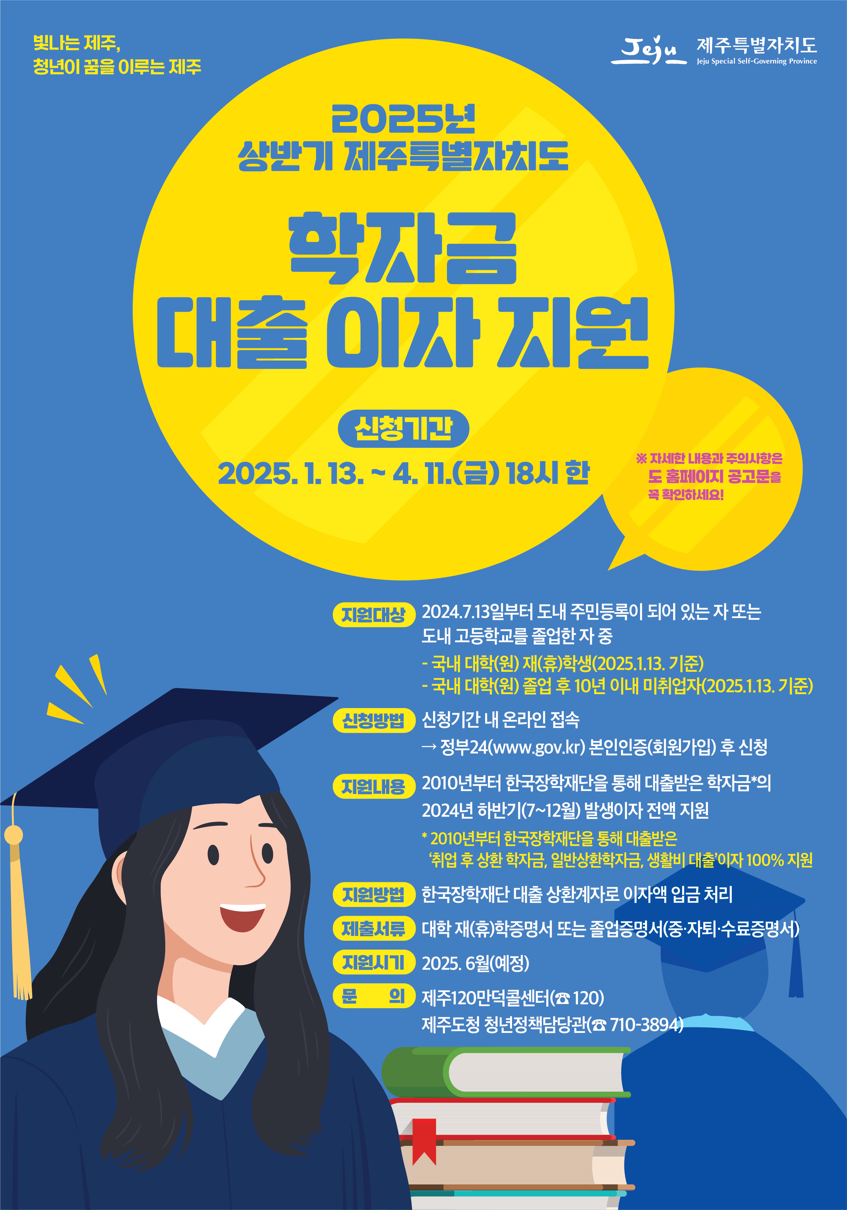 빛나는 제주, 청년이 꿈을 이루는 제주 / Jeju 제주특별자치도 / 2025년 상반기 제주특별자치도 학자금 대출 이자 지원 / 신청기간 : 2025. 1. 13.~ 4. 11.(금) 18시 한 ※자세한 내용과 주의사항은 도 홈페이지 공고문 꼭 확인하세요!  / 지원대상 : 2024.7.13일부터 도내 주민등록이 되어 있는 자 또는 도내 고등학교를 졸업한 자 중 - 국내 대학(원) 재(휴)학생(2025.1.13. 기준) - 국내 대학(원) 졸업 후 10년 이내 미취업자(2025.1.13. 기준)  / 신청방법 : 신청기간 내 온라인 접속 →정부24(www.gov.kr) 본인인증(회원가입) 후 신청 / 지원내용 : 2010년부터 한국장학재단을 통해 대출받은 학자금의 2024년 하반기(7~12월) 발생이자 전액 지원 *2010년부터 한국장학재단을 통해 대출받은 '취업 후 상환 학자금, 일반상환학자금, 생활비 대출'이자 100% 지원  / 지원방법 : 한국장학재단 대출 상환계자로 이자액 입금 처리  / 제출서류 : 대학 재(휴)학증명서 또는 졸업증명서(중·자퇴·수료증명서)  / 지원시기 : 2025. 6월(예정)  / 문 의 : 제주120만덕콜센터(120) 제주도청 청년정책담당관(☎710-3894)