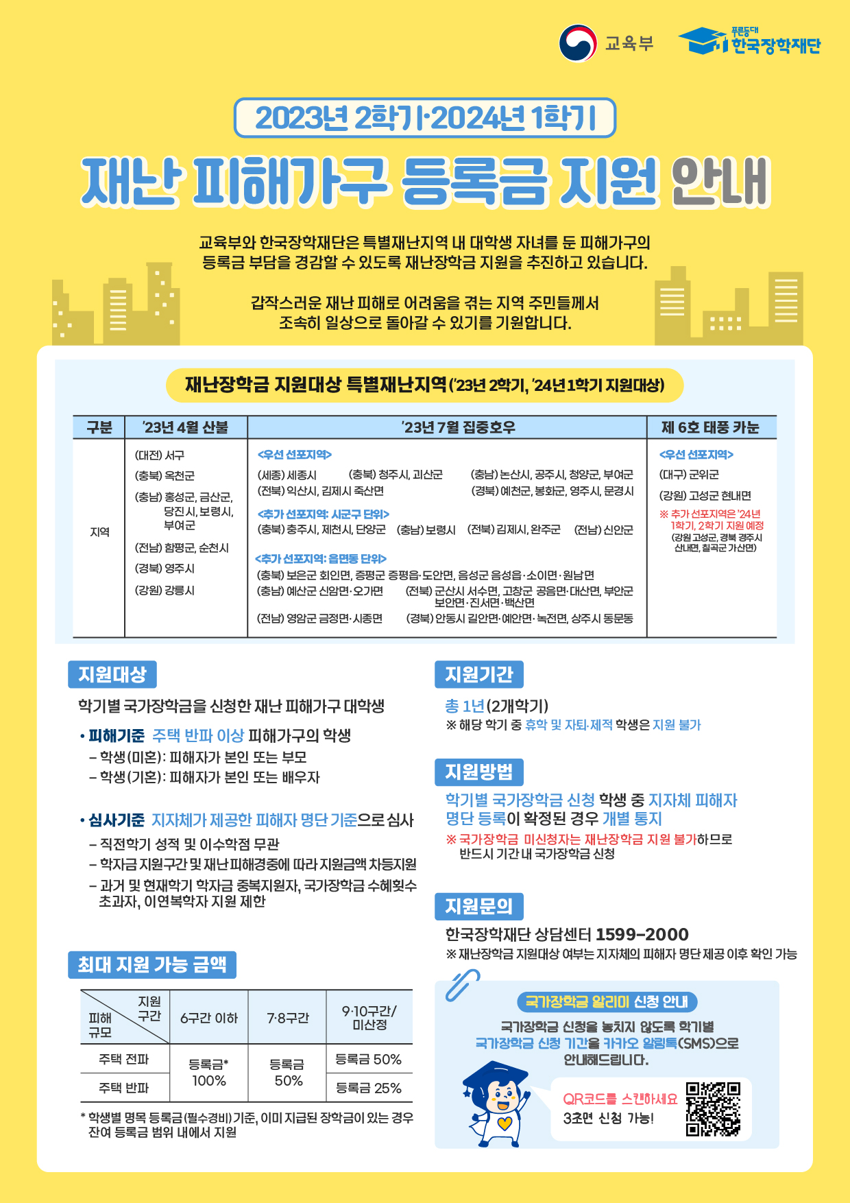 2023년 2학기·2024년 1학기 재난 피해가구 등록금 지원 안내