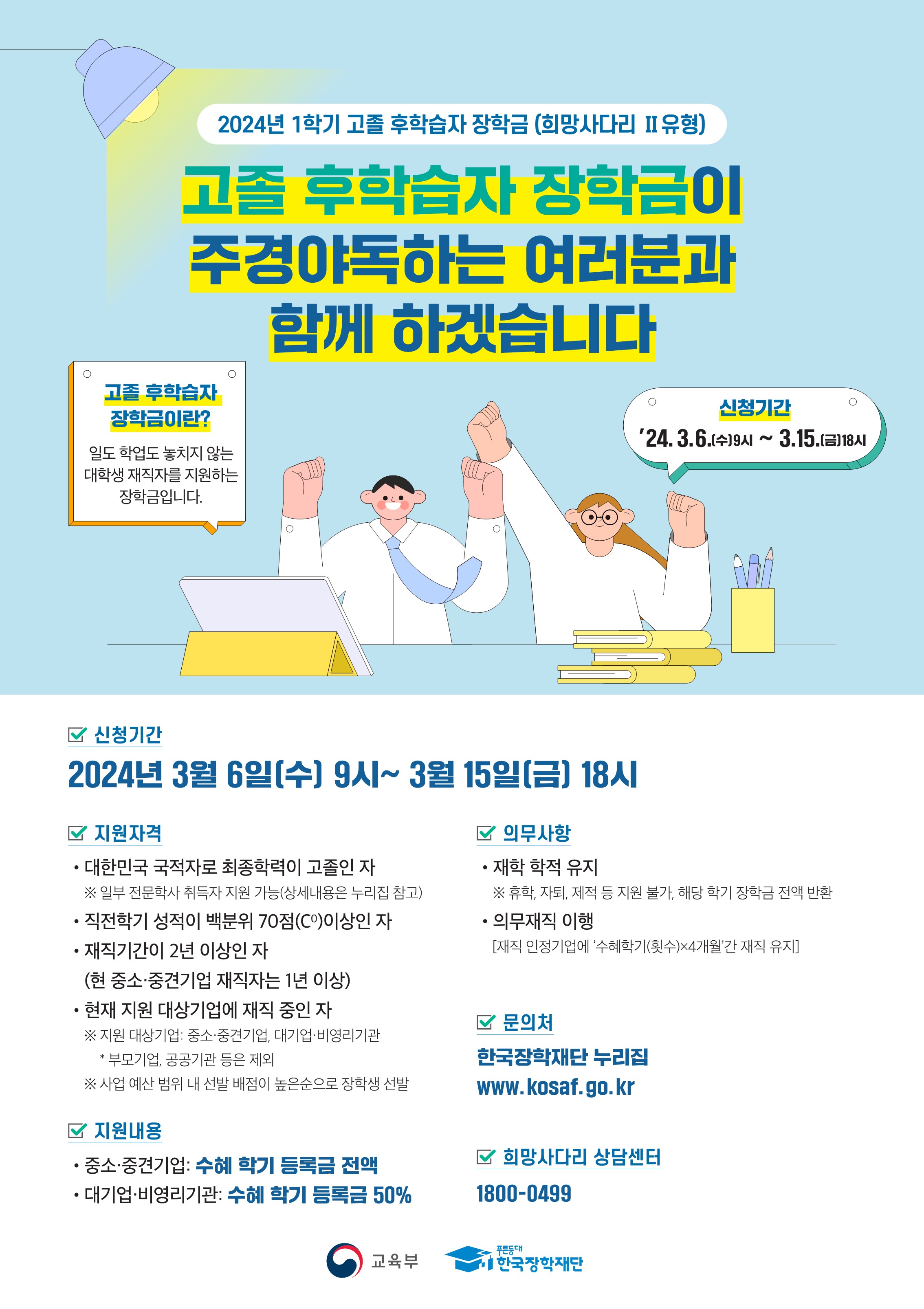 2024년 1학기 고졸 후학습자 장학금 (희망사다리 Ⅱ유형), 고졸 후학습자 장학금이 주경야독하는 여러분과 함께 하겠습니다, 고졸 후학습자 장학금이란? 일도 학업도 놓치지 않는 대학생 재직자를 지원하는 장학금입니다. 신청기간:24.3.6.[수]9시~ 3.15.(금) 18시 / 지원자격(·대한민국 국적자로 최종학력이 고졸인 자※ 일부 전문학사 취득자 지원 가능(상세내용은 누리집 참고),·직전학기 성적이 백분위 70점(C)이상인 자,·재직기간이 2년 이상인 자 (현 중소·중견기업 재직자는 1년 이상),·현재 지원 대상기업에 재직 중인 자※ 지원 대상기업 중소·중견기업 대기업 비영리기관 *부모기업, 공공기관 등은 제외 ※ 사업 예산 범위 내 선발 배점이 높은순으로 장학생 선발 / 지원내용(·중소·중견기업: 수혜 학기 등록금 전액,·대기업·비영리기관: 수혜 학기 등록금 50%) / 의무사항(·재학 학적 유지 ※ 휴학, 자퇴, 제적 등 지원 불가, 해당 학기 장학금 전액 반환, ·의무재직 이행(재직 인정기업에 '수혜학기(횟수)×4개월간 재직 유지) / 문의처:한국장학재단 누리집www.kosaf.go.kr / 희망사다리 상담센터 1800-0499