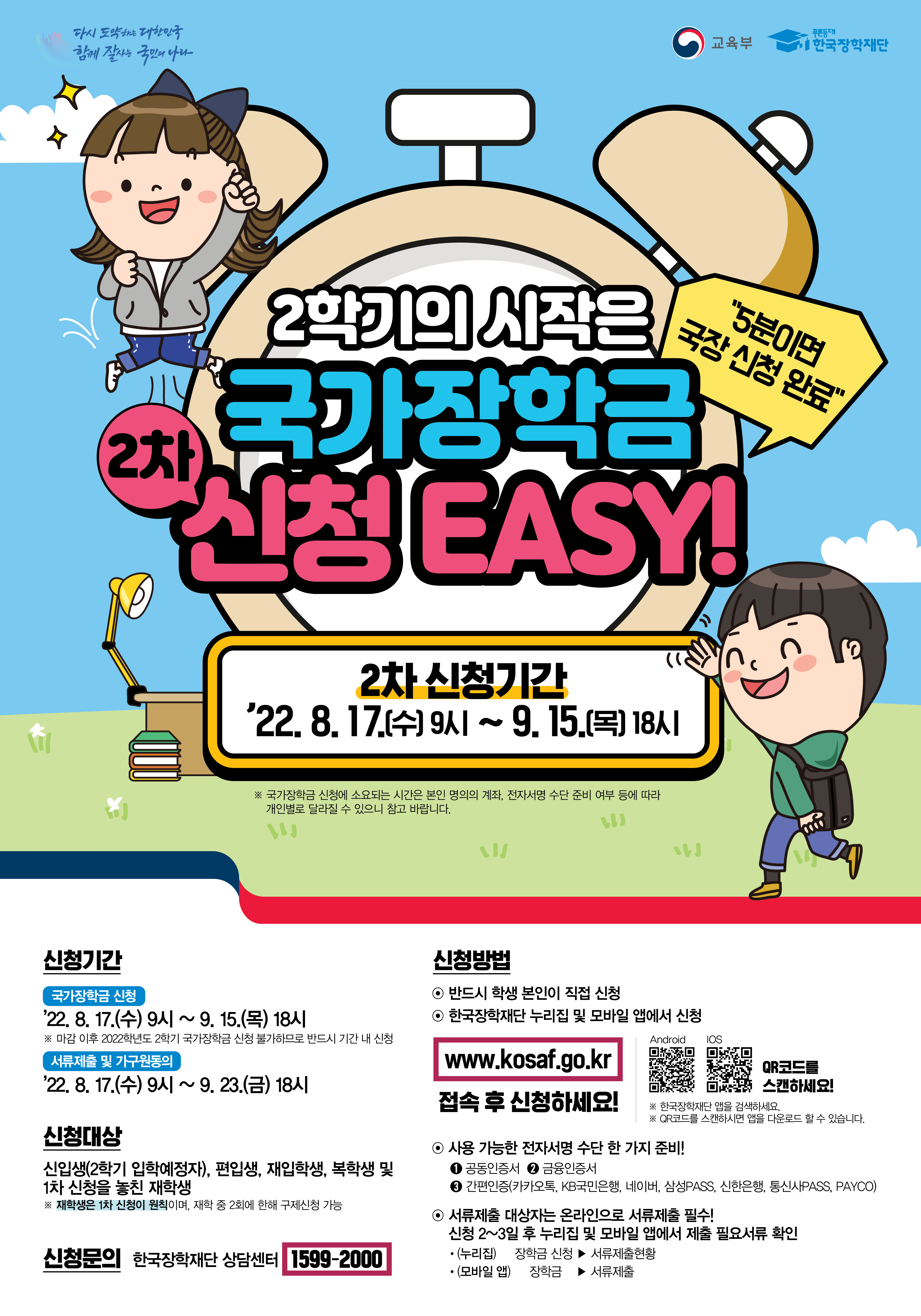 2학기의 시작은 국가장학금 2차 신청 EASY! 5분이면 국장 신청 완료! 2차 신청기간: 2022.8.17(수) 9시~9.15(목) 18시 ※국가장학금 신청에 소요되는 시간은 본인 명의의 계좌, 전자서명 수단 준비 여부 등에 따라 개인별로 달라질 수 있으니 참고 바랍니다. / 신청기간 -국가장학금 신청: 2022.8.17(수) 9시 ~ 9.15(목) 18시 *마감 이후 2022학년도 2학기 국가장학금 신청 불가하므로 반드시 기간 내 신청 -서류제출 및 가구원동의: 2022.8.17(수) 9시 ~ 9.23(금) 18시 / 신청대상: 신입생(2학기 입학예정자), 편입생, 재입학생, 복학생 및 1차 신청을 놓친 재학생 *재학생은 1차 신청이 원칙이며, 재학 중 2회에 한해 구제신청 가능 / 신청문의: 한국장학재단 상담센터 1599-2000 / 신청방법: -반드시 학생 본인이 직접 신청 -한국장학재단 누리집 및 모바일 앱에서 신청. www.kosaf.go.kr 접속 후 신청하세요! -사용 가능한 전자서명 수단 한 가지 준비! 1.공동인증서 2.금융인증서 3.간편인증(카카오톡,KB국민은행,네이버,삼성PASS,신한은행,통신사PASS,PAYCO) -서류제출 대상자는 온라인으로 서류제출 필수! 신청 2~3일 후 누리집 및 모바일 앱에서 제출 필요서류 확인 -누리집→장학금 신청→서류제출현황 -모바일앱→장학금→서류제출