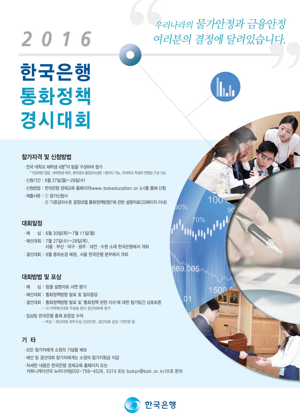 대회일정/예심 : 6. 30(목) ~ 7. 11(월)/예선대회 : 7. 27(수) ~ 28(목), 서울·부산·대구·광주·대전·수원소재 한국은행에서 개최/결선대회 : 8월 중하순경 예정, 서울 한국은행 본부에서 개최/대회방법 및 포상/예심 : 팀별 설명자료 서면평가/예선대회 : 통화정책방향 발표 및 질의응답/결선대회 : 통화정책방향 발표 및 '통화정책 관련 이슈'에 대한 참가팀간 상호토론/-각지역예선대회 우승팀 등이 결선대회에 참가/입상팀 한국은행 총대 표창장 수여/-부상 : 예선대회 최우수상 250만원, 결선대회 금상 1천만원 등