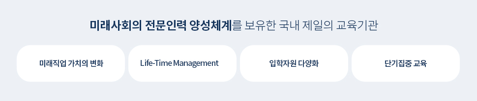 미래사회의 전문인력 양성체계를 보유한 국내 제일의 교육기관 / 미래직업 가치의 변화 / Life-Time Management / 입학자원 다양화 / 단기집중 교육
